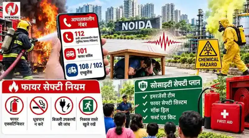 नोएडा में आग, भूकंप या केमिकल हादसे में क्या करें: जानें इमरजेंसी नंबर, फायर सेफ्टी नियम और सोसाइटी की तैयारी